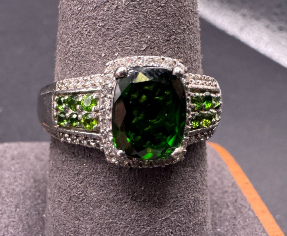 D'JOY Sterling Silver 925 Chrome Diopside Cushion Cut Green Gemstone Ring Sz 10
